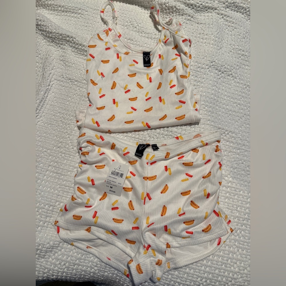 Windsor White Ribbed Hot Dog Print Tank & Shorts Set